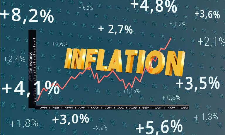 Inflation, Price Index chart with a rising red graph. The word Inflation three dimensional and yellow. Chart framed by different percentages on a blue background. 3D illustration