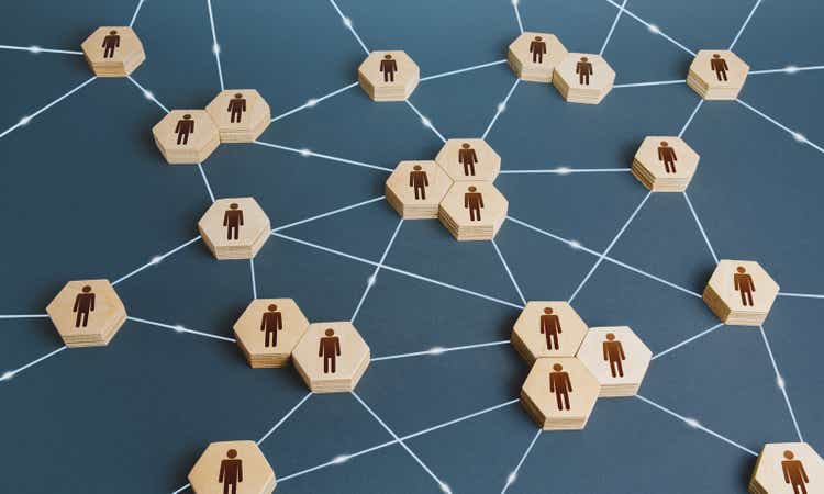Network of interconnected people. Interactions between employees and working groups. Social business connections. Networking communication. Decentralized hierarchical system of company. Organization