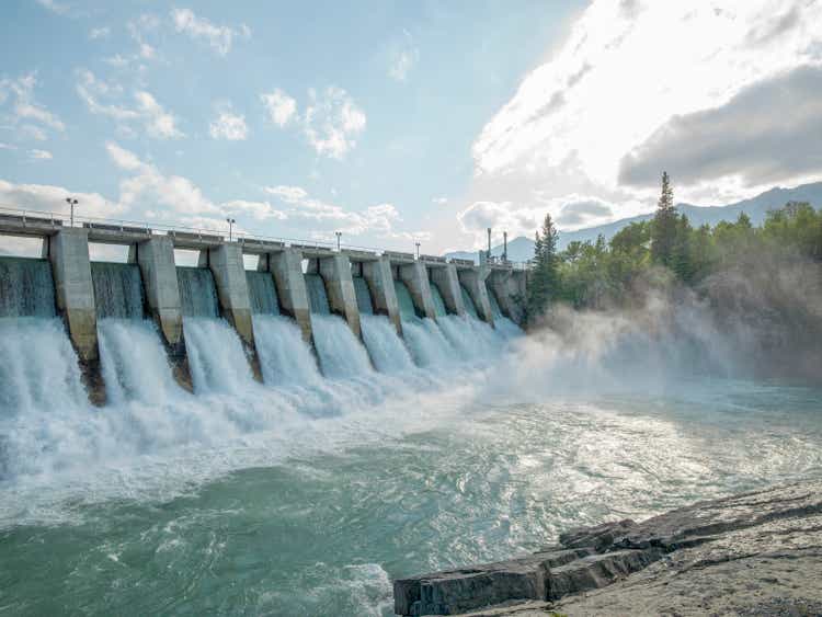 Water rushes through hydroelectric dam