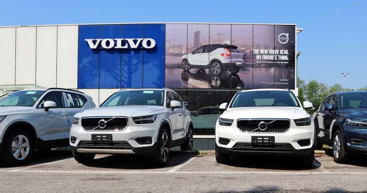 Volvo XC cars outside the local dealership.