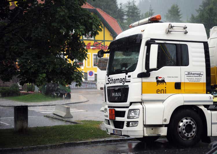 ENI fuel and gasoline station. Eni SpA is an Italian multinational oil and gas company headquartered in Rome. MAN truck with the ENI logo.