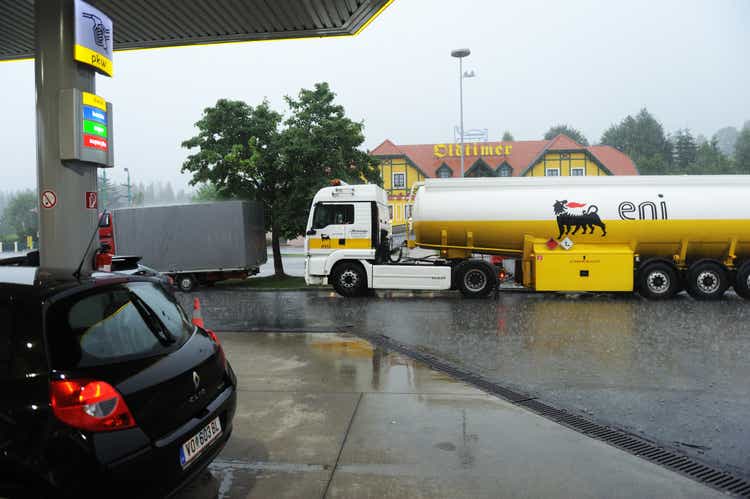 ENI fuel and gas station. Eni S.p.A. is an Italian multinational oil and gas company headquartered in Rome. MAN truck with the ENI logo.