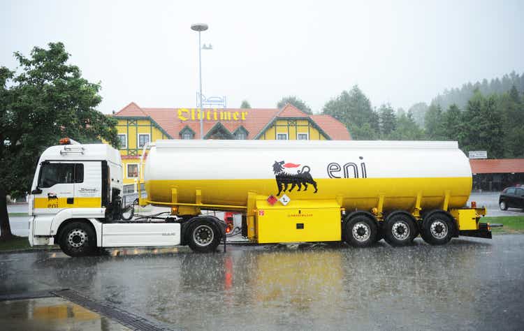 ENI fuel and gas station. Eni S.p.A. is an Italian multinational oil and gas company headquartered in Rome. MAN truck with the ENI logo.
