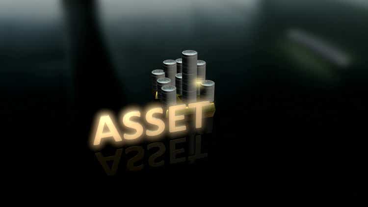 Glowing Asset text with background house made up of coin made up of gold and silver
