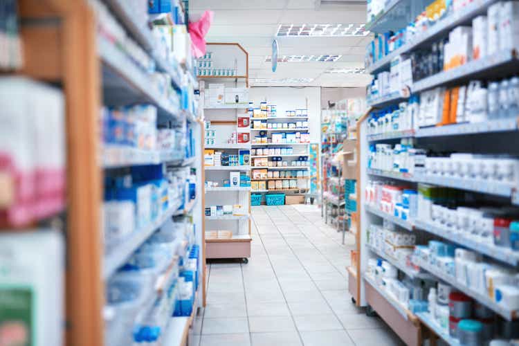 Cropped shot of shelves stocked with various medicinal products in a pharmacy