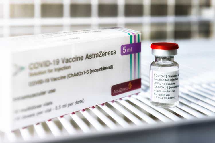 Astrazeneca vaccine against the COVID-19 virus bottles with Vaccine Box on white tray
