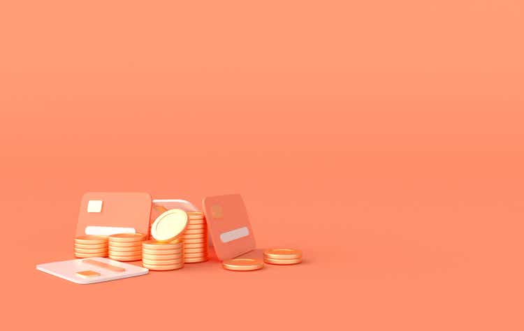 Stack of golden coins, credit cards 3d rendering. Earning profit, money saving, online payment concept
