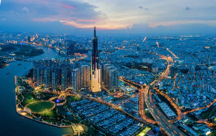 Beautiful aerial view photo of Saigon - Ho Chi Minh city at night