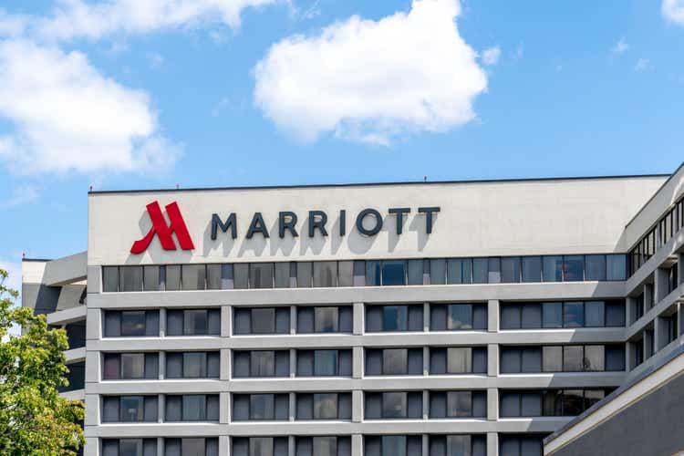 Marriott sign on the building near Pearson Airport in Mississauga, Ontario, Canada.