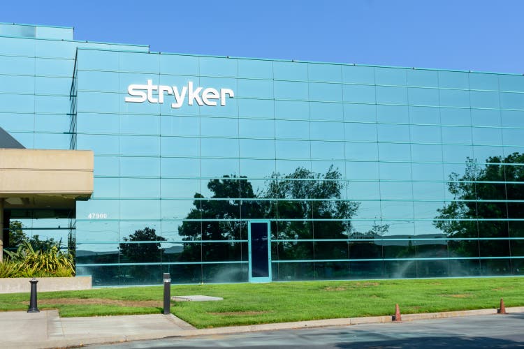 Stryker sign and logo at medical technologies firm Stryker Corporation headquarters
