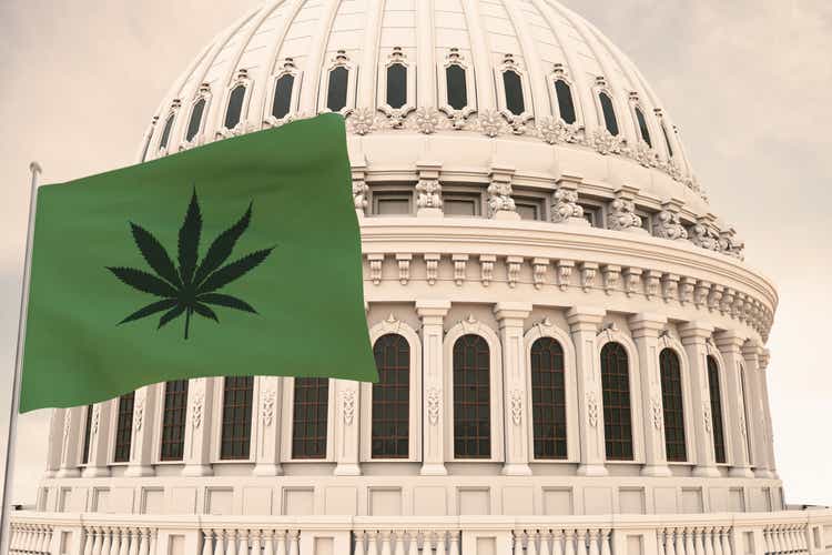 Beautiful flag of canabis, marijuana,weed , pot waving with the strong wind and behind it the dome of the Capitol USA United States of America 3D RENDER, 3D RENDERING.