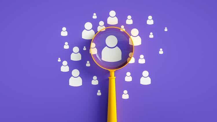 Human Resources Concept, Magnifier And People Icon On Purple Background, Business Leadership Concept