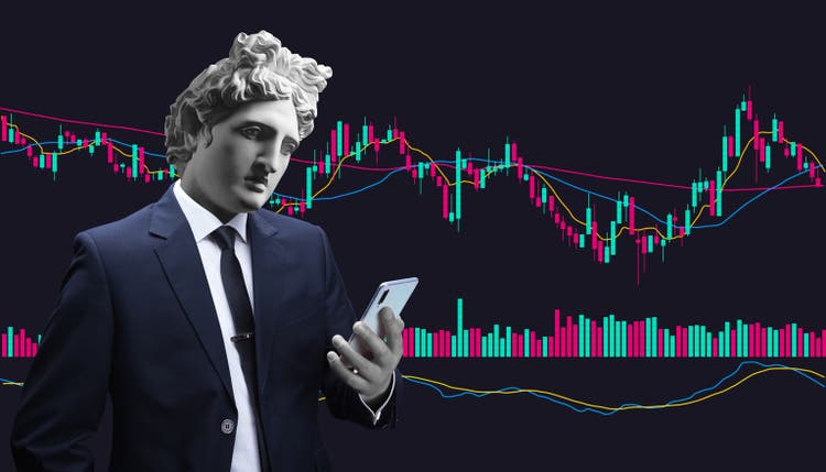 Collage of contemporary art. Conceptual portrait of a businessman holding a mobile smartphone and using a trade application. Apollo"s plaster head. The man in a suit.