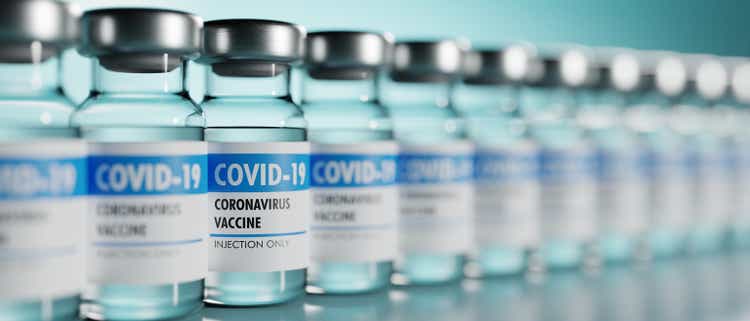 Row of bottles for the Coronavirus vaccine.  Depth of field.