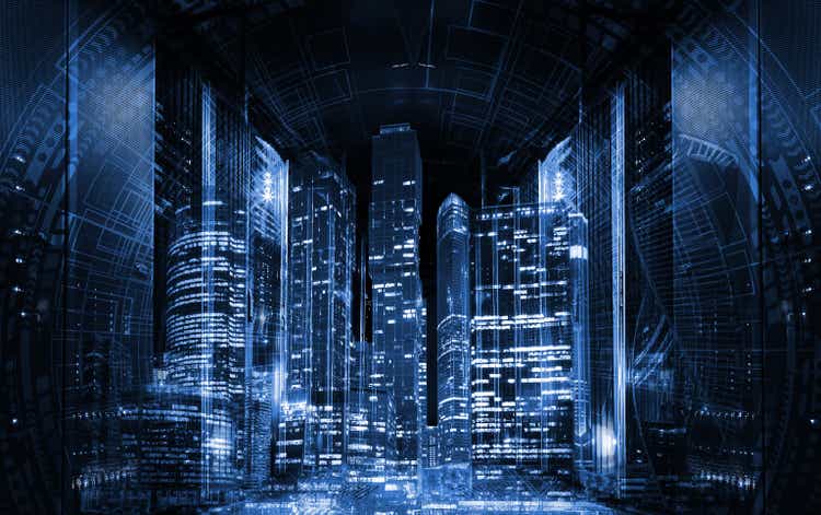 3D rendering Blue panoramic city on black background, technology city connection against the background of the data center