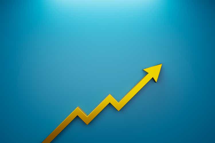 Arrow sign growth on blue background. Business development to success and growing growth concept. 3d illustration