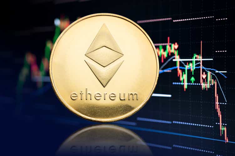 Ethereum coin and stock chart at background