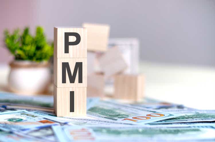 Wooden cubes with PMI letters arranged in a vertical pyramid on banknotes, business concept