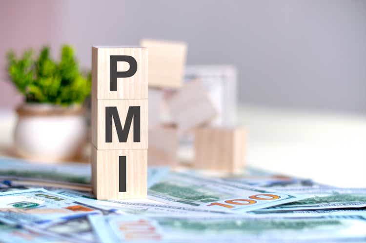 Wooden cubes with PMI letters arranged in vertical pyramid on banknotes, business concept