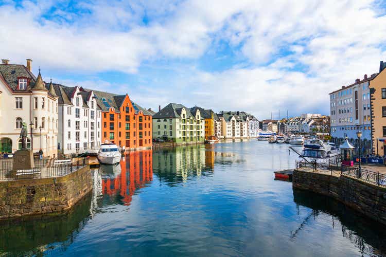 Canal with colourful houses in Alesund, Norway