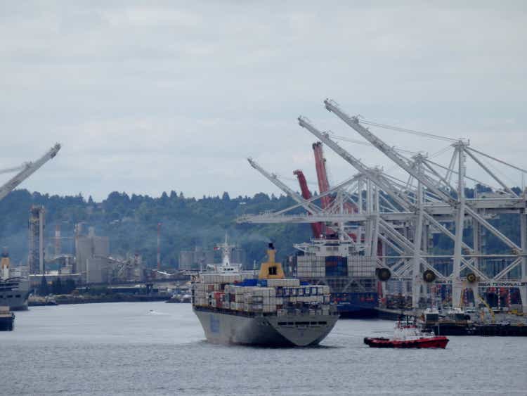 Matson boat being towed out of the port of Seattle
