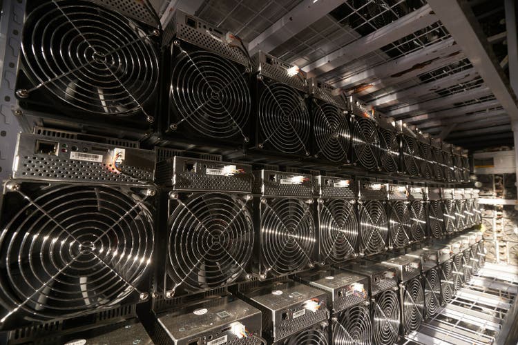 Bitcoin ASIC miners in warehouse. ASIC mining equipment on stand racks for mining cryptocurrency in steel container. Blockchain techology application specific integrated circuit units storage