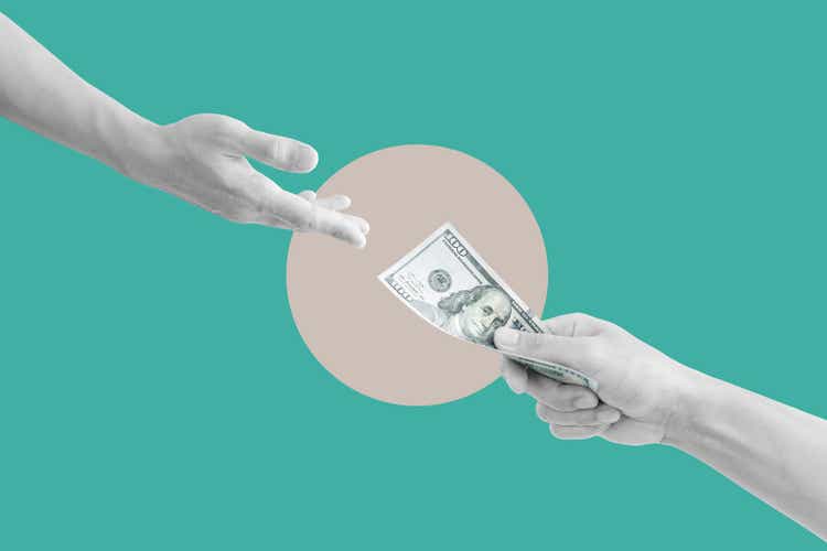 Digital collage modern art. Hand giving and receiving cash