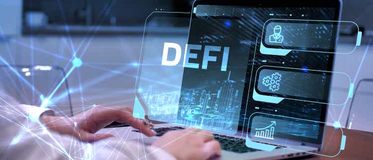 DeFi -Decentralized Finance on dark blue abstract polygonal background. Concept of blockchain, decentralized financial system