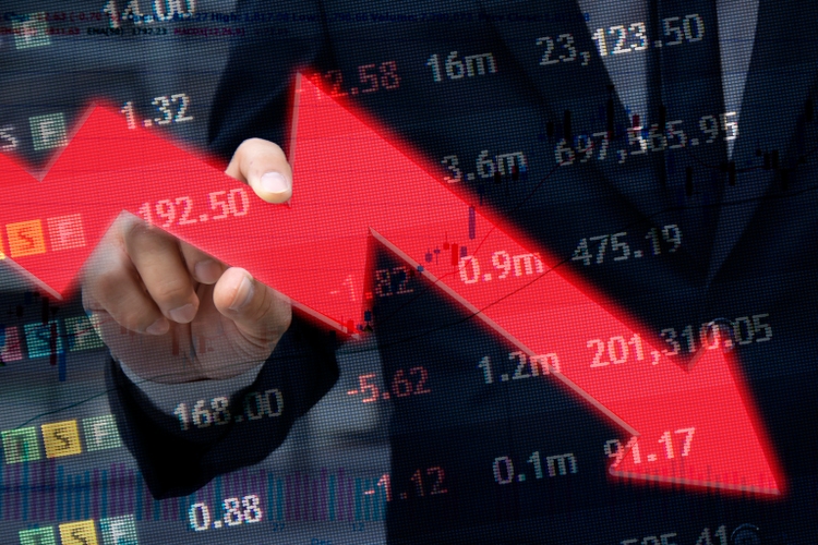 Arrow down, a decline in property prices. Display of red electronic board of stock market