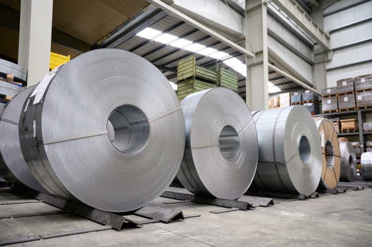 rolls of steel sheet in a plant, galvanized steel coil. High quality photo