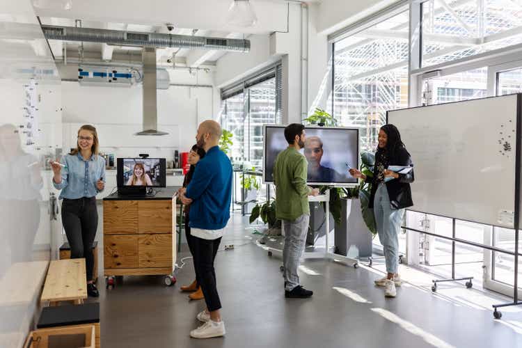 Business people having meetings in the hybrid office