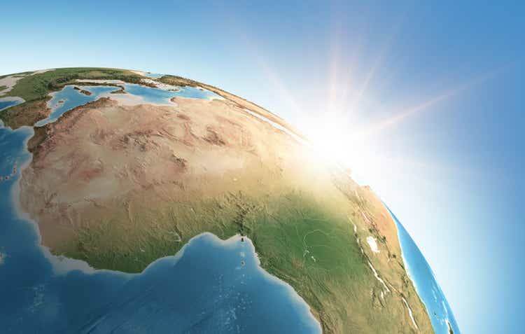 Sun shining on Earth over Africa
