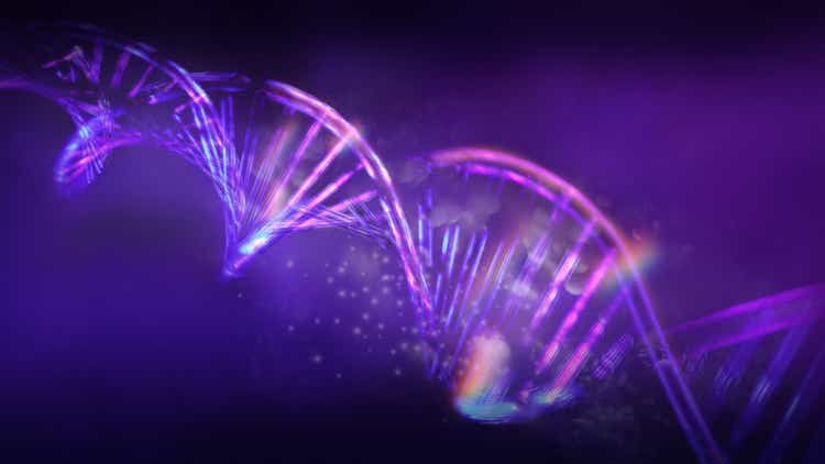 Luminous DNA strands on a dark violet background, 3D render.