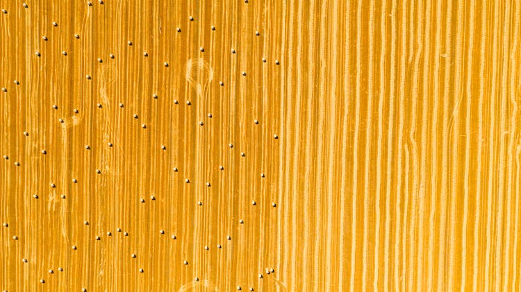 Aerial view of field with lined straw bales on farm fields