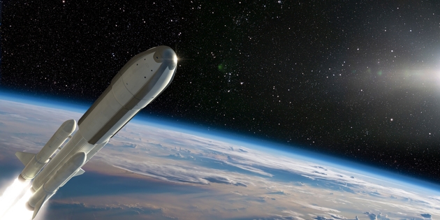 Space Rocket Heading Away From Earths Atmosphere Into Space