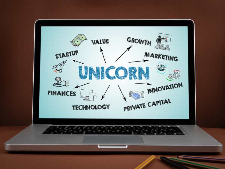 UNICORN, business concept. Laptops on a brown background
