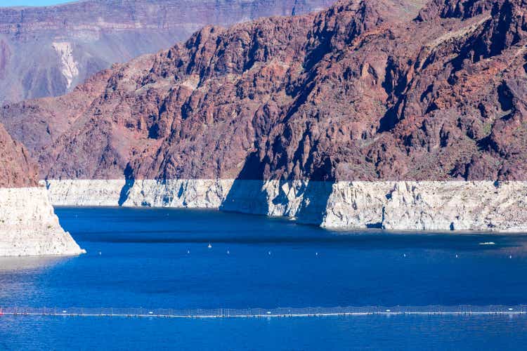 Record low water level of Lake Mead, key reservoir along Colorado River, during severe drought in the American West