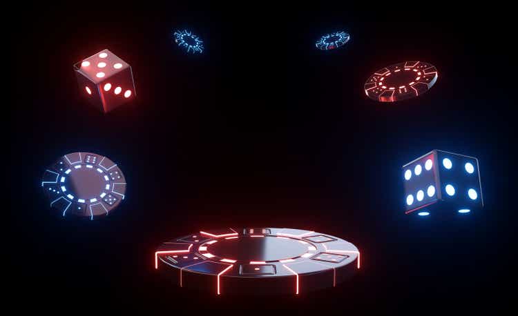 Casino Gambling Concept. Chip Pedestal, Chips And Dices With Neon Lights - 3D Illustration