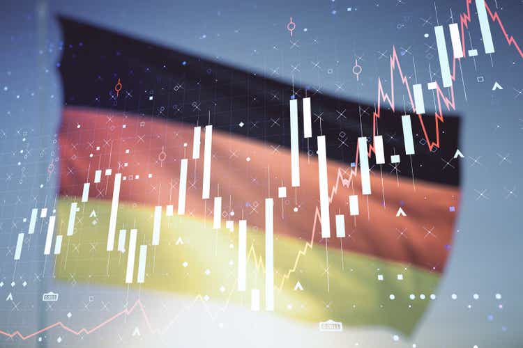 Abstract virtual financial graph hologram on German flag and sunset sky background, financial and trading concept. Multiexposure