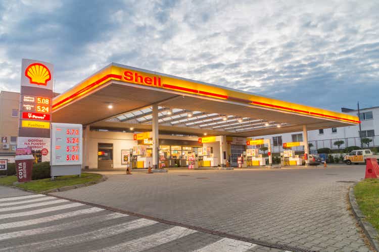 Shell gas station during sunrise. Royal Dutch Shell plc, commonly known as Shell, is a British-Dutch multinational oil and gas company.