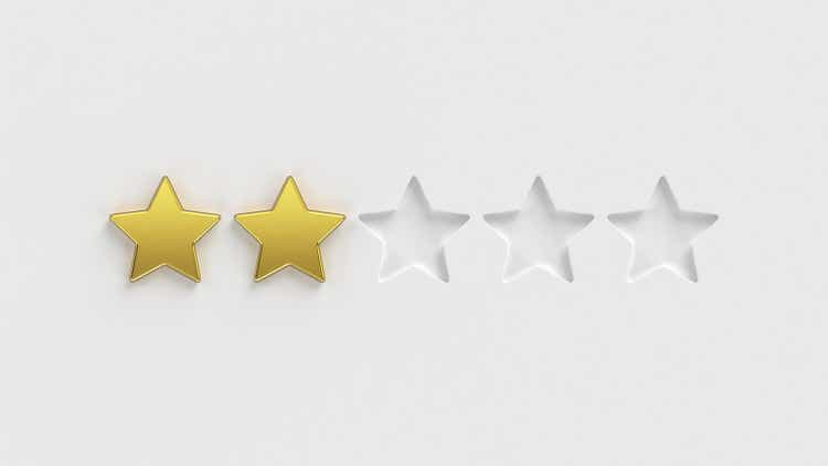 Five star rating. Two of the five gold rating stars on a white background. Rate a company or app online. 5 gold stars for customer quality review illustration.