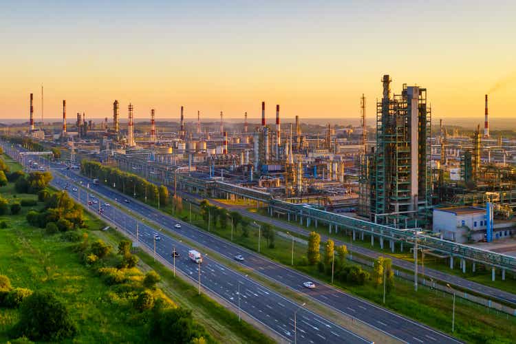 Aerial drone view of petrol industrial zone or oil refinery in Yaroslavl, Russia during sunset time