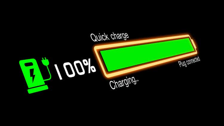 Colorful electric vehicle car charging battery indicating progress of the increasing with percentage show fill up to 100%