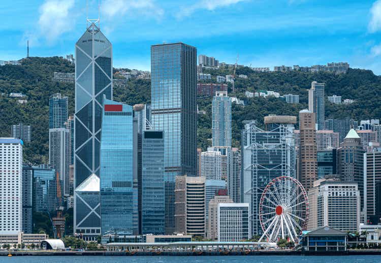 Panorama of Victoria Harbor of Hong Kong at sunny day