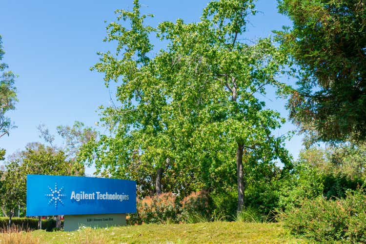 Agilent Technologies sign at entrance to Silicon Valley headquarters. Agilent Technologies is a public research, development and manufacturing company