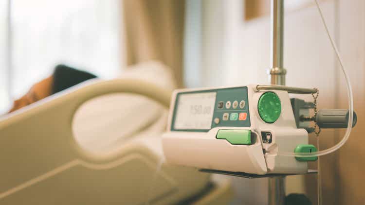 Iv infusion pump alarm sound for occlusion in hospital.