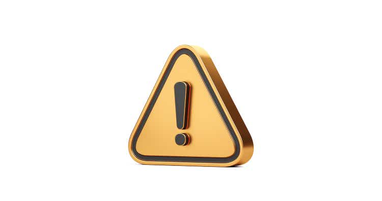 Gold exclamation mark symbol and attention or caution sign icon isolated on alert danger problem white background with warning graphic flat design concept. 3D rendering.