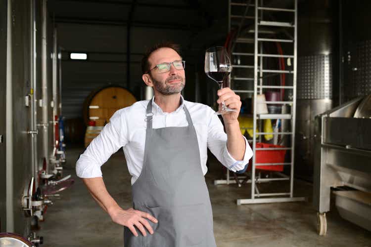 Portrait of a mature man oneologist tasting wine bottle in wine cellar with wooden barrel