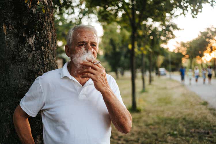 Senior man smoke cigars in public park at sunset