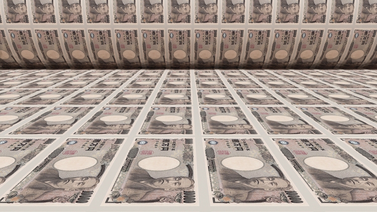Inflation. Japanese yen banknotes or bills, JPY currency cash in Japan. Stack of money printing machine. Paper process in central bank. Economic, finance. Laundering.Rich exchange. 3d illustration